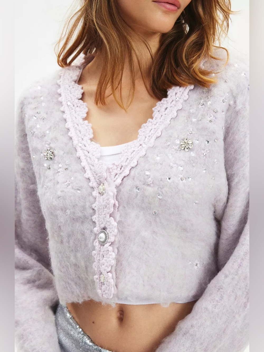 Kimchi Blue Lilac Madeline Embellished Cropped Cardigan Size Large